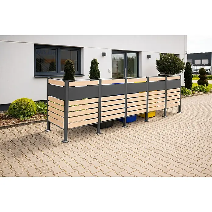 Westmann Mülltonnenbox Verkleidung Planum - 90 x 410 x 120 cm, Anthrazit/Holzoptik - Mülltonnenbox aus grauem Metall mit Holzverkleidung zur stilvollen Mülltonnenaufbewahrung im Außenbereich.