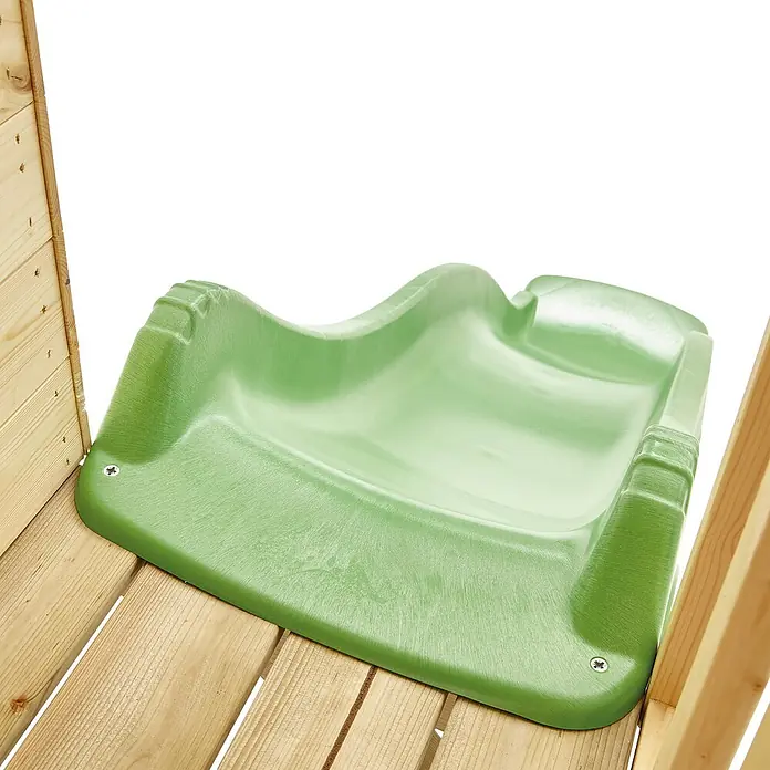 TP Toys Spielhaus Wald - L x B x H: 137 x 306 x 230 cm, Holz, Braun - Eine grüne Kinderrutsche, die auf einer hölzernen Plattform montiert ist, ideal für Spielplätze. Sie verspricht Spaß für Kinder.