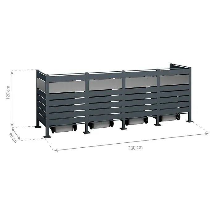 Westmann Mülltonnenbox Verkleidung Planum - 90 x 330 x 120 cm, Anthrazit/Grau - Abbildung eines grauen Mülltonnenbox-Systems mit Maßangaben. Ideal zur diskreten Aufbewahrung von Mülltonnen im Außenbereich.