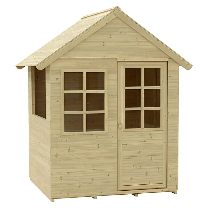 Zwerkules Spielhaus Holla - L x B x H: 97,5 x 121 x 140 cm, Holz, Natur - Eine detailreiche Aufnahme eines hölzernen Kinderspielhauses, das zum kreativen Spielen im Freien einlädt.