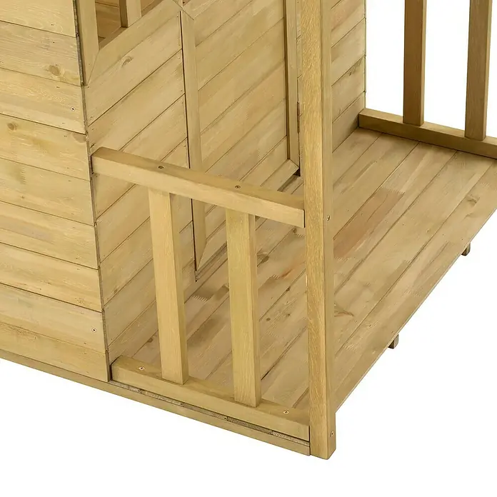 Zwerkules Spielhaus Villa - L x B x H: 137 x 121 x 140 cm, Holz, Natur - Detailansicht eines Holzspielhauses mit Geländer, das die natürliche Holzmaserung und die Konstruktion hervorhebt.