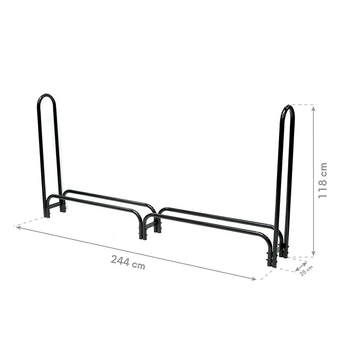 ShelterLogic Kaminholzregal - 244 x 25 x 118 cm, Stahl, Schwarz - Abgebildeter Kaminholzständer aus schwarzem Metall mit Maßangaben. Praktische Lagerung für Kaminholz im Innen- und Außenbereich.