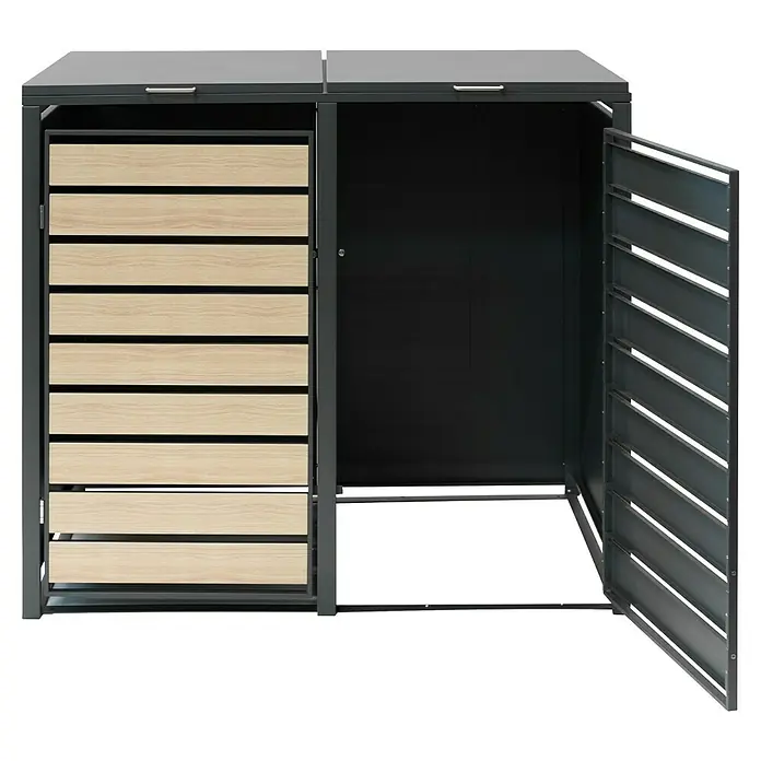 Westmann Mülltonnenbox Lacina - Stahl, Anthrazit/Braun, Geeignet für Anzahl Mülltonnen: 2 Stk. - Ein Mülltonnenbox-Design mit Holzpaneelen auf der linken Seite und einer geöffneten Tür auf der rechten Seite, die Einblicke in den Innenraum gewährt.