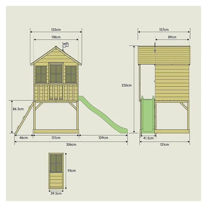 TP Toys Spielhaus Wald - L x B x H: 137 x 306 x 230 cm, Holz, Braun - Abbildung der detaillierten Abmessungen eines hölzernen Spielhauses mit Rutsche für Kinder, einschließlich Höhe, Breite und Länge.