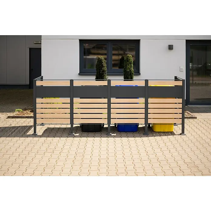 Westmann Mülltonnenbox Verkleidung Planum - 90 x 330 x 120 cm, Anthrazit/Holzoptik - Mülltonnenbox mit drei Fächern aus grauem Metall und hellem Holz. Ideal zur Aufbewahrung von Mülltonnen im Außenbereich.