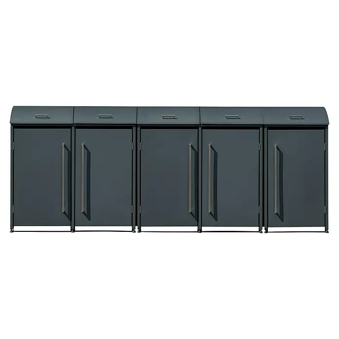 Westmann Mülltonnenbox Moderna - Stahl, Anthrazit, Geeignet für Anzahl Mülltonnen: 5 Stk. - Graue Schränke mit horizontalen Griffen oben und vertikalen Griffen an den Türen, die ein modernes und elegantes Design aufweisen.
