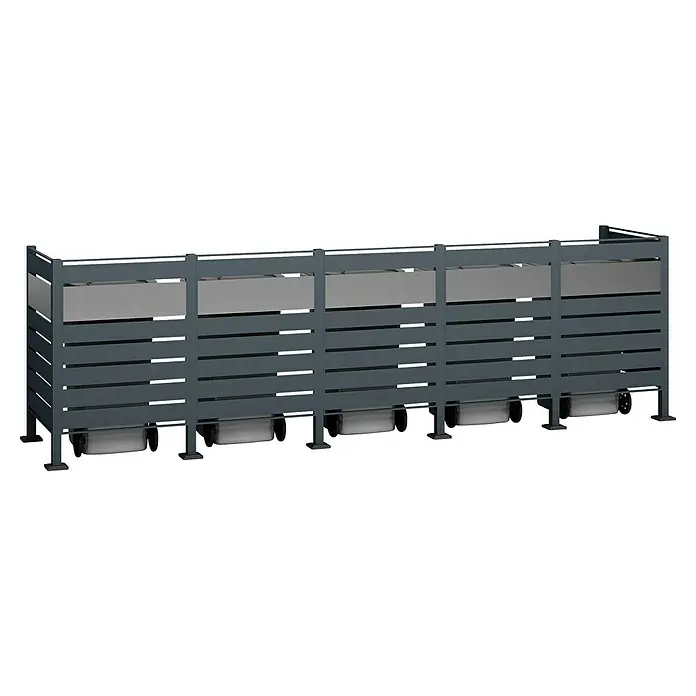 Westmann Mülltonnenbox Verkleidung Planum - 90 x 410 x 120 cm, Anthrazit/Grau - Metallzaun mit grauen Lamellen und weißen Paneelen, bietet Privatsphäre und modernes Design für den Außenbereich.