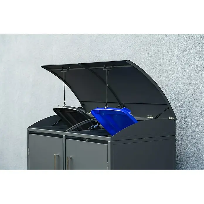 Westmann Mülltonnenbox Moderna - Stahl, Anthrazit, Geeignet für Anzahl Mülltonnen: 2 Stk. - Mülltonnenbox mit zwei Behältern, einer blauen und einer schwarzen, unter einer grauen Abdeckung.