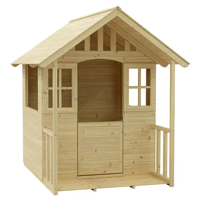 Zwerkules Spielhaus Villa - L x B x H: 137 x 121 x 140 cm, Holz, Natur - Ein unbehandeltes Holzspielhaus mit Fenstern, Veranda und einer Tür. Ideal für Kinder zum Spielen und kreativen Entfalten im Garten.