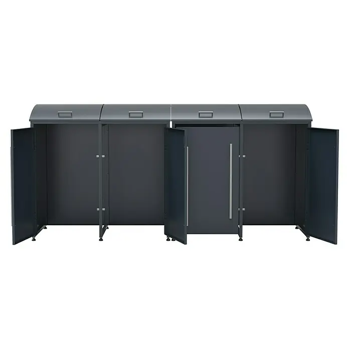 Westmann Mülltonnenbox Moderna - Stahl, Anthrazit, Geeignet für Anzahl Mülltonnen: 4 Stk. - Schrankanlage mit vier Abteilen, einige Türen sind geöffnet. Das modulare System bietet viel Stauraum und eine übersichtliche Organisation.