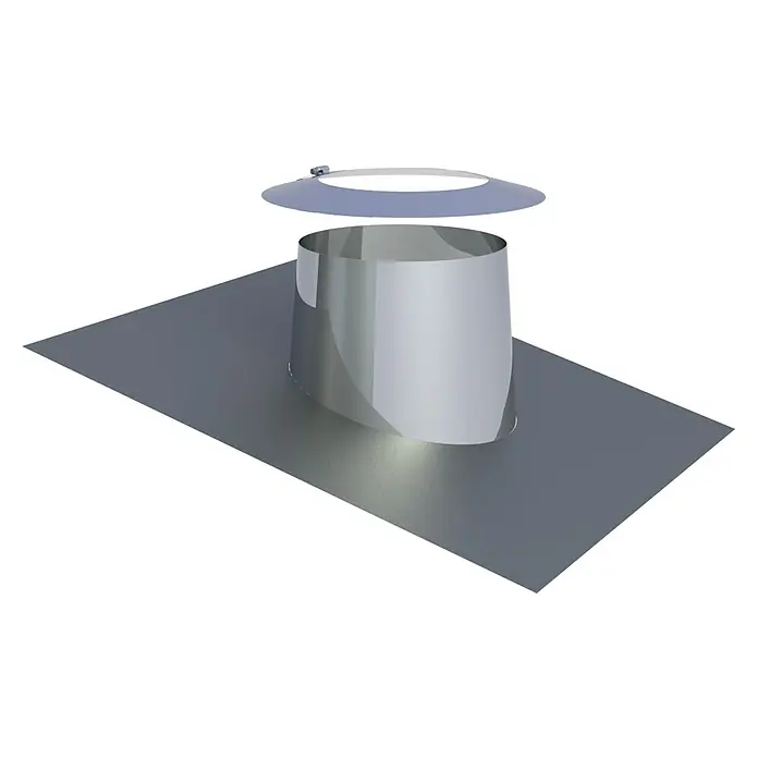 Dachdurchführung - Durchmesser: 180 mm, Neigungswinkel: 5 ° - 15 °, Wandstärke: 0,5 mm - Silberne Metall-Dachmanschette mit zylindrischem Lüftungsrohr und separater, geklemmter Regenhaube.
