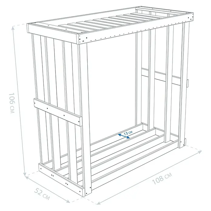 Westmann Kaminholzregal Harald - 108 x 52 x 106 cm, Holz, Anthrazit - Detaillierte Darstellung eines Holzregals mit Maßangaben für Höhe, Breite und Tiefe, ideal zur Visualisierung der Produktabmessungen.