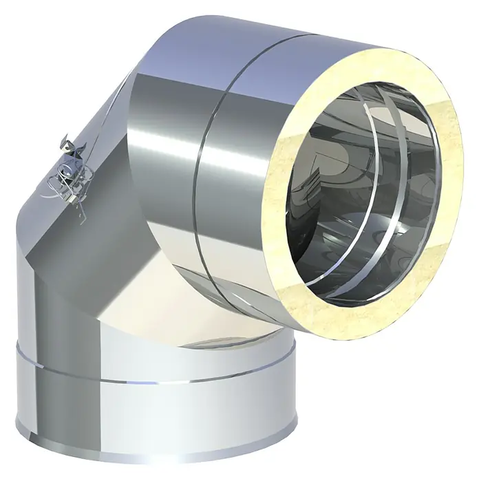 Ofenrohrbogen - Durchmesser: 180 mm, 90 °, Mit Reinigungsöffnung, Silber - Silbernes 90-Grad-Winkelrohr mit gelblicher Wärmedämmung für Lüftungssysteme.