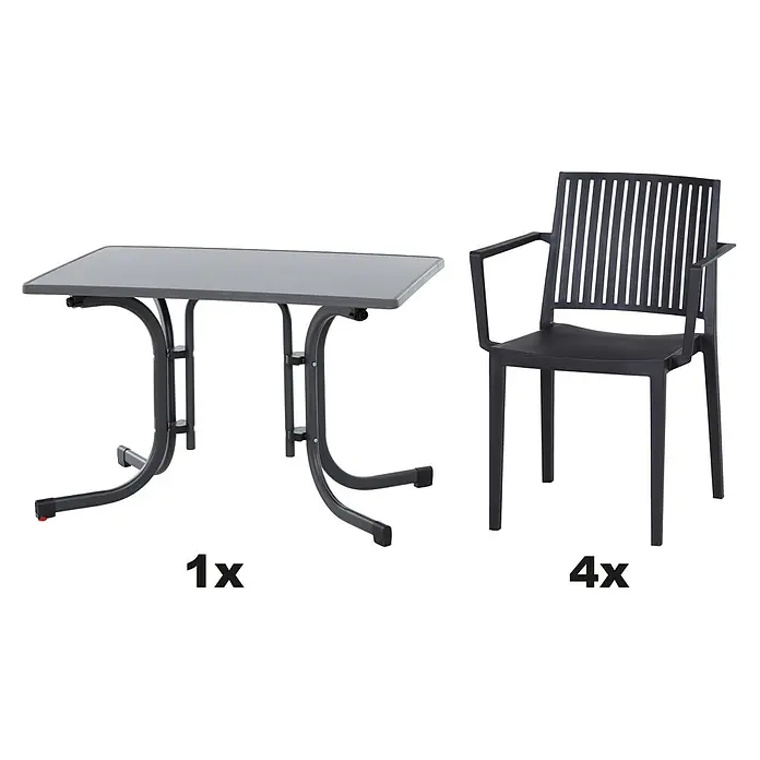 Siena Garden Urban Lights Gartenmöbel-Set Lane Sessel/Paco Tisch - 5 -tlg., Polypropylen, Anthrazit - Das Bild zeigt ein Gartenset mit einem grauen Tisch und vier passenden Stühlen, ideal für den Außenbereich.