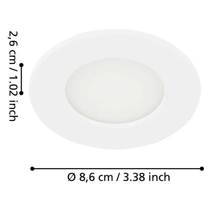 Eglo Fueva 5 LED-Einbauleuchte - 2,7 W, Weiß, Warmweiß - Abbildung einer runden LED-Einbauleuchte mit den Maßen 8,6 cm Durchmesser und 2,6 cm Höhe.