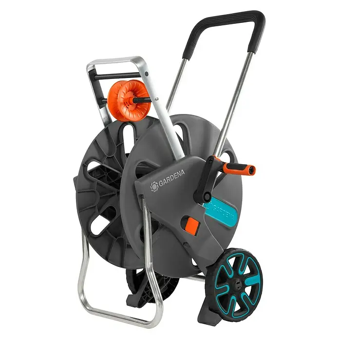 Gardena Schlauchwagen CleverRoll L Easy - Kunststoff/Metall, Schlauchkapazität: 100 m, 13 mm (½″) - Bild eines GARDENA Schlauchwagens mit Kurbel und Rädern, ideal für die Gartenbewässerung, gefertigt aus robustem, wetterfestem Material.