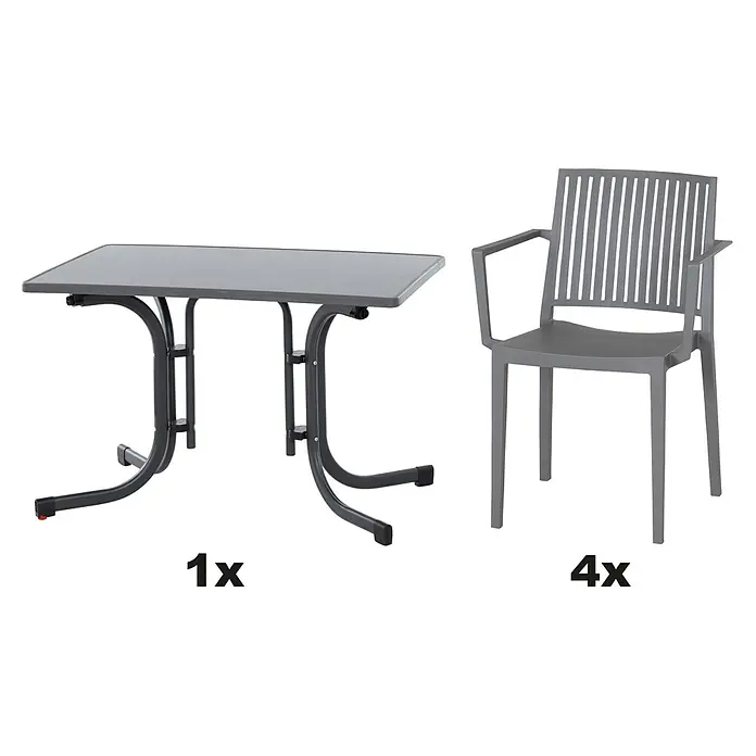 Siena Garden Urban Lights Gartenmöbel-Set Lane Sessel/Paco Tisch - 5 -tlg., Polypropylen, Grau/Anthrazit - Bild eines grauen Gartentischs (1x) und vier grauen Gartenstühle (4x) mit Armlehnen. Perfekt für Mahlzeiten im Freien.