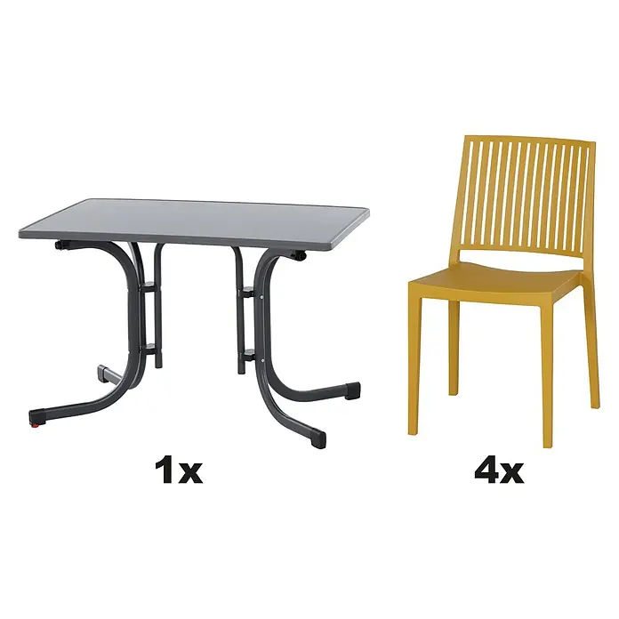 Siena Garden Urban Lights Gartenmöbel-Set Lane Stuhl/Paco Tisch - 5 -tlg., Polypropylen, Mustard/Anthrazit - Abbildung eines Gartentisches in Grau und vier gelbe Gartenstühle. Das Set ist ideal für Mahlzeiten im Freien.