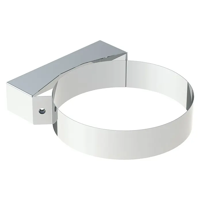 Abstandhalter - Durchmesser: 180 mm, 50 mm, Edelstahl - Glänzende silberne Metallklemme mit kreisförmigem Band und rechteckigem Befestigungsblock.