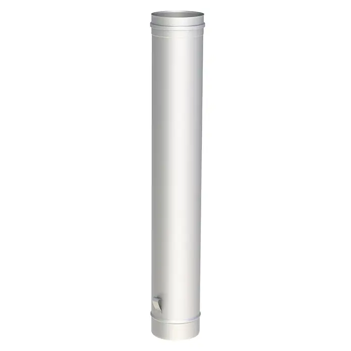 Ofenrohr - Ø x L: 130 x 1.000 mm, Silber, Mit Ablassschlaufe - Silbernes metallisches zylindrisches Schornsteinrohr mit oberen/unteren Anschlüssen und einer Seitenhalterung.