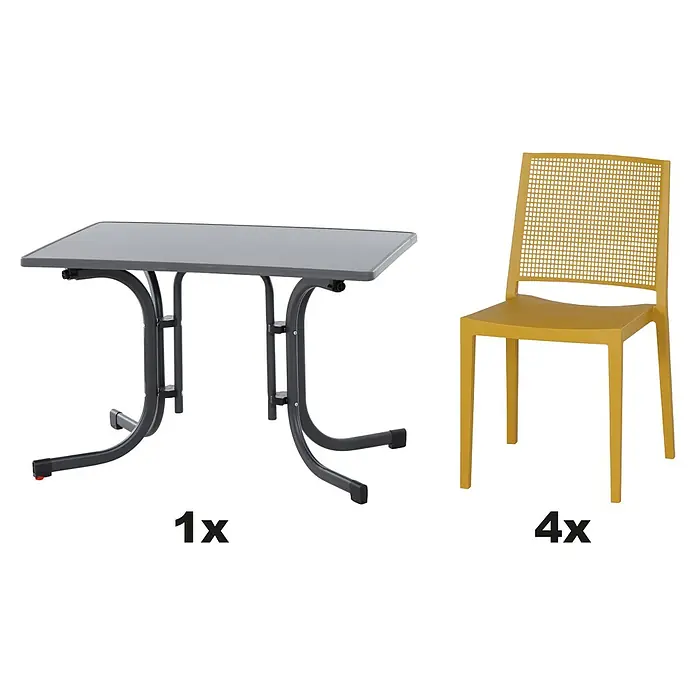 Siena Garden Urban Lights Gartenmöbel-Set Square Stuhl/Paco Tisch - 5 -tlg., Polypropylen, Melamin, Mustard/Anthrazit - Produktbild von einem Esstisch-Set mit einem grauen Tisch und vier gelben Stühlen mit offenem Rücken.