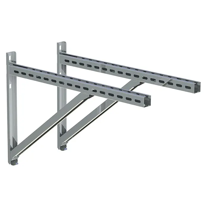 Wandhalterung - Länge: 750 mm, Edelstahl - Zwei robuste silberne Metall-Wandhalterungen mit perforierten Kanälen, für verstellbare Montage.