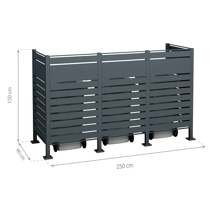 Westmann Mülltonnenbox Verkleidung Planum - 90 x 250 x 150 cm, Anthrazit - Mülltonnenbox aus Metall, 150 cm hoch, 90 cm tief und 250 cm breit. Ideal zur diskreten Aufbewahrung von Mülltonnen im Außenbereich.