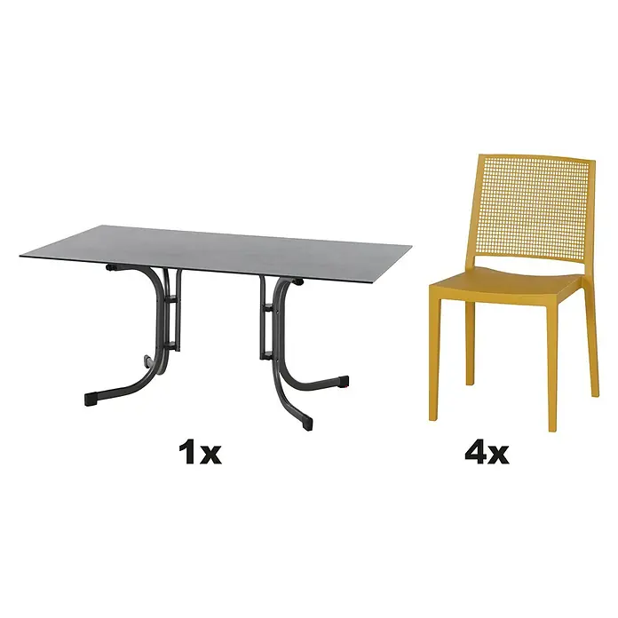 Siena Garden Urban Lights Gartenmöbel-Set Square Stuhl/Sola Tisch - 5 -tlg., Polypropylen, Mustard/Anthrazit - Abbildung eines grauen Esstisches und vier gelber Stühle, die das Set vervollständigen. Perfekt für Mahlzeiten mit Stil.