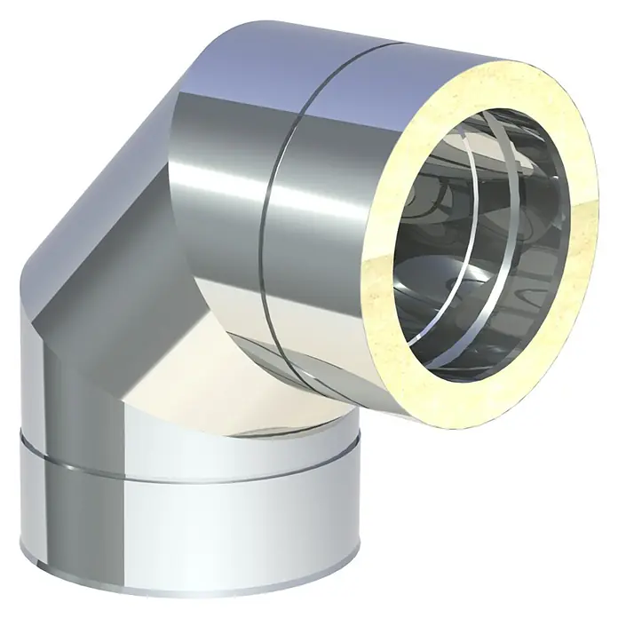 Ofenrohrbogen DW - Durchmesser: 150 mm, 90 °, Silber, Wandstärke: 0,5 mm - Glänzender, silberner, isolierter Doppelwand-Abgasrohrbogen.