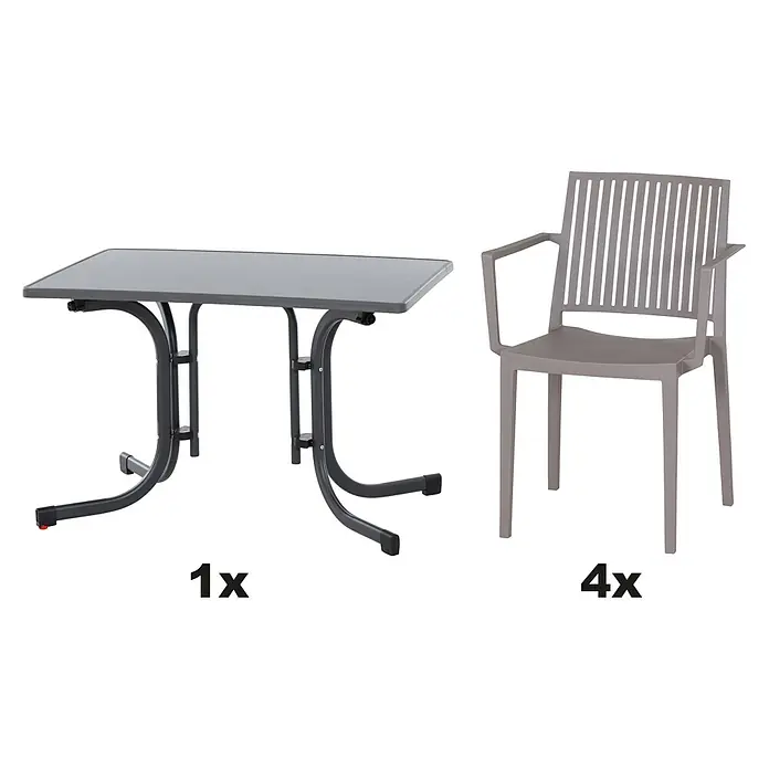 Siena Garden Urban Lights Gartenmöbel-Set Lane Sessel/Paco Tisch - 5 -tlg., Polypropylen, Taupe/Anthrazit - Bild eines Gartentisches und vier passenden Stühlen in Grau, ideal für Mahlzeiten im Freien oder gesellige Runden im Garten.