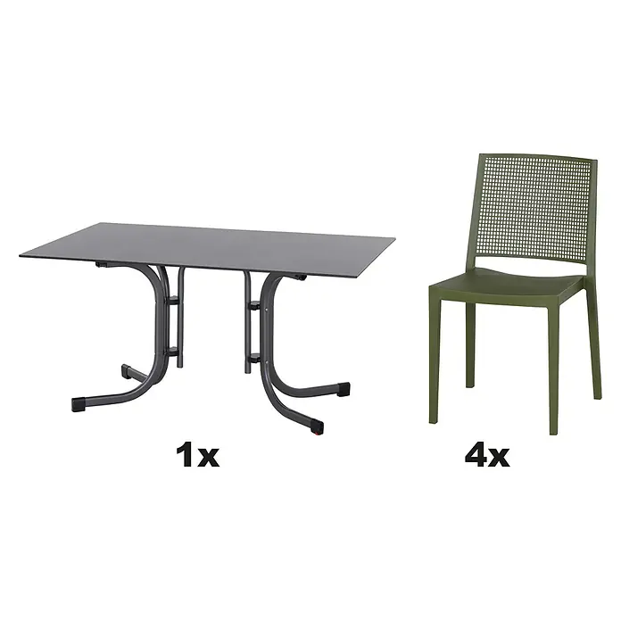 Siena Garden Urban Lights Gartenmöbel-Set Square Stuhl/LaneTisch - 5 -tlg., Polypropylen, Olive/Anthrazit - Das Bild zeigt ein Gartentisch-Set mit einem grauen Tisch und vier grünen Stühlen, ideal für Mahlzeiten im Freien.