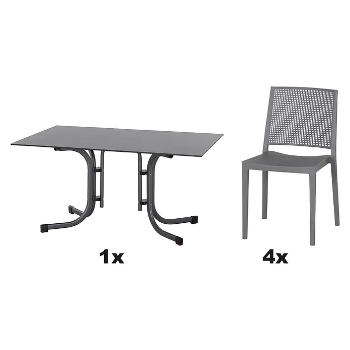 Siena Garden Urban Lights Gartenmöbel-Set Square Stuhl/LaneTisch - 5 -tlg., Polypropylen, Grau/Anthrazit - Abbildung eines Gartentischsets, bestehend aus einem grauen Tisch und vier grauen Stühlen mit Netzmuster für den Außenbereich.