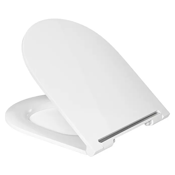 Poseidon WC-Sitz Vento - Duroplast, Weiß, Mit Absenkautomatik - Ein sauberer, weißer Toilettensitz mit Deckel, der leicht geöffnet ist, auf einem schwarzen Hintergrund. Ideal für moderne Badezimmer.