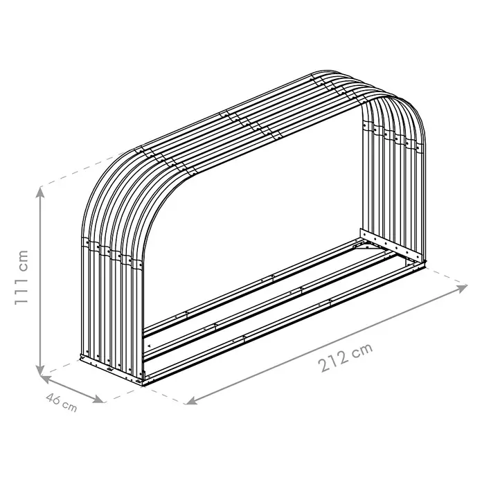 Westmann Kaminholzregal Hajo - 212 x 46 x 111 cm, Stahl, Anthrazit - Abbildung eines Metall-Gartenbogen, der als Rankhilfe für Pflanzen dient. Er hat die Maße 212 x 46 x 111 cm.