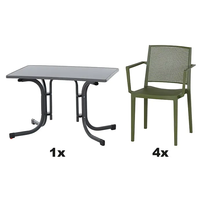 Siena Garden Urban Lights Gartenmöbel-Set Square Sessel/Paco Tisch - 5 -tlg., Polypropylen, Melamin, Olive/Anthrazit - Bild eines Gartentisches mit einem Stuhlset bestehend aus 1 Tisch und 4 Stühlen.