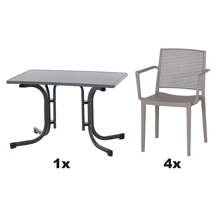 Siena Garden Urban Lights Gartenmöbel-Set Square Sessel/Paco Tisch - 5 -tlg., Polypropylen, Melamin, Taupe/Anthrazit - Bild eines Gartensets mit einem grauen Tisch und vier grauen Stühlen mit Armlehnen und Netzmuster im Rückenbereich.