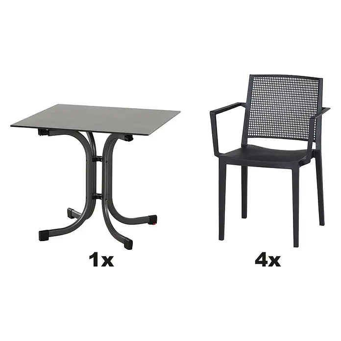 Siena Garden Urban Lights Gartenmöbel-Set Square Sessel/Sola Tisch - 3 -tlg., Polypropylen, Anthrazit - Bild eines grauen Gartentisches (1x) und vier grauen Stühle mit Armlehnen (4x) für den Außenbereich.