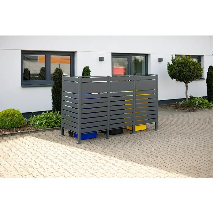 Westmann Mülltonnenbox Verkleidung Planum - 90 x 250 x 150 cm, Anthrazit - Abfalltonnenbox aus grauem Metall mit horizontalen Lamellen zur stilvollen Mülltonnenverkleidung im Außenbereich, passend zur Hausfassade.