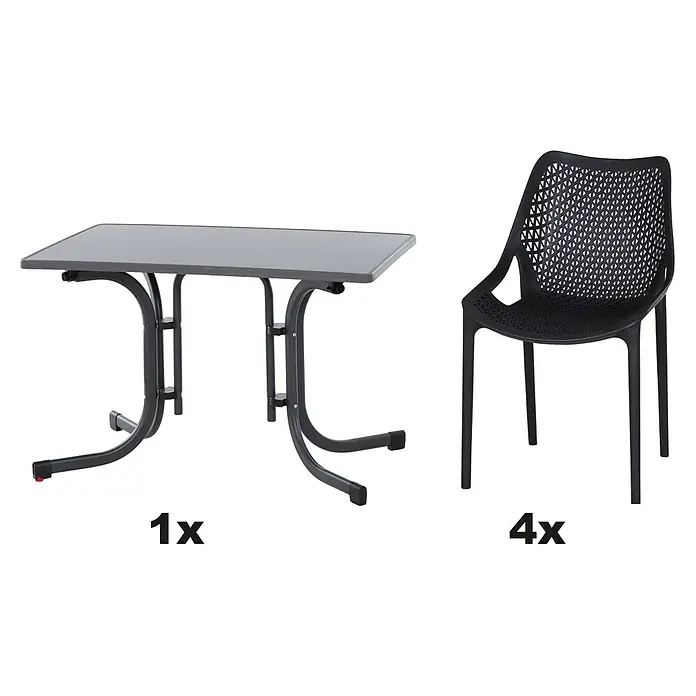 Siena Garden Urban Lights Gartenmöbel-Set District Sessel/Paco Tisch - 5 -tlg., Melamin, Polypropylen, Anthrazit - Bild eines Gartensets mit einem Tisch und vier Stühlen. Das Set ist ideal für Mahlzeiten im Freien.