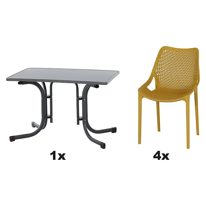 Siena Garden Urban Lights Gartenmöbel-Set District Sessel/Paco Tisch - 5 -tlg., Melamin, Polypropylen, Mustard/Anthrazit - Bild eines Esstisch-Sets mit einem grauen Tisch und vier gelben Stühlen. Perfekt für Mahlzeiten im Freien.