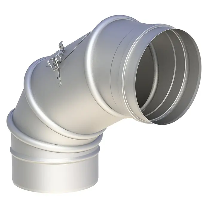Ofenrohrbogen - Durchmesser: 130 mm, 0 ° - 90 °, Silber - Silberner metallischer 90-Grad-Lüftungskanalbogen mit Verschluss und geripptem Design.