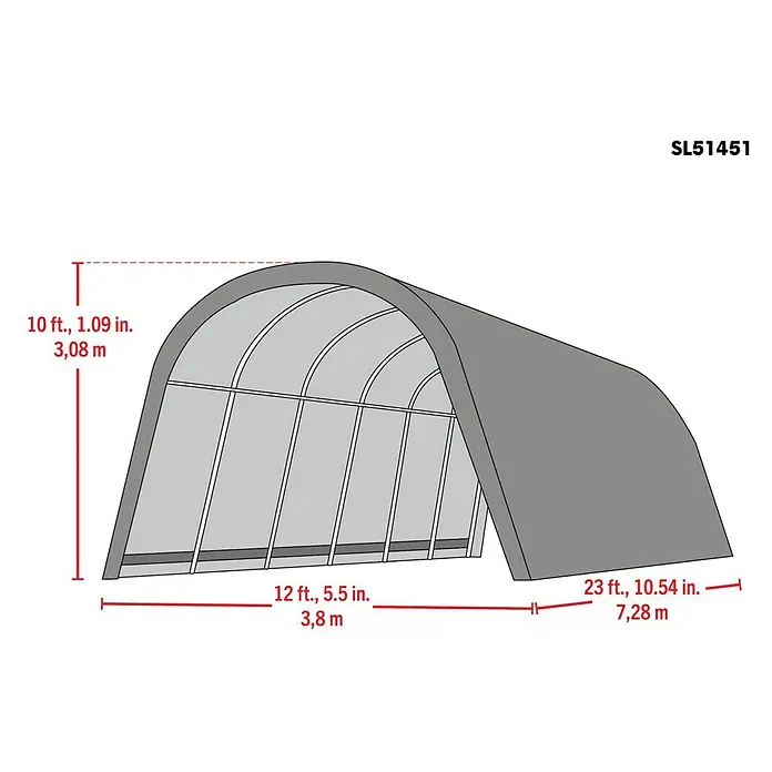 ShelterLogic Weidezelt Run-In-Shed - L x B: 730 x 400 cm, Kunststoff, Dunkelgrün - Grauer Bogenschuppen. Maße: 10ft/3,08m H, 12ft/3,8m B, 23ft/7,28m L.