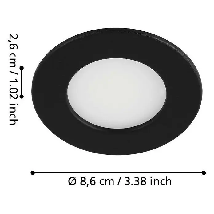 Eglo Fueva 5 LED-Einbauleuchte - 2,7 W, Schwarz, Warmweiß - Abbildung einer runden, schwarzen LED-Einbauleuchte mit den Maßen 8,6 cm Durchmesser und 2,6 cm Höhe.