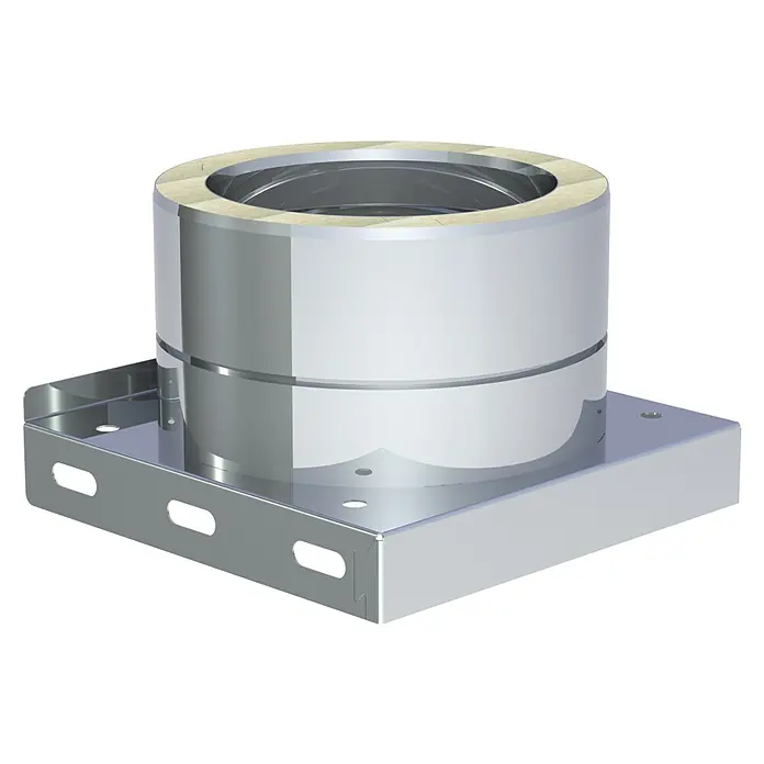 Fußplatte - Durchmesser: 130 mm, Edelstahl - Produktansicht eines isolierten Rauchrohr-Wandhalters. Robuste Konstruktion für sichere und effiziente Rauchableitung.