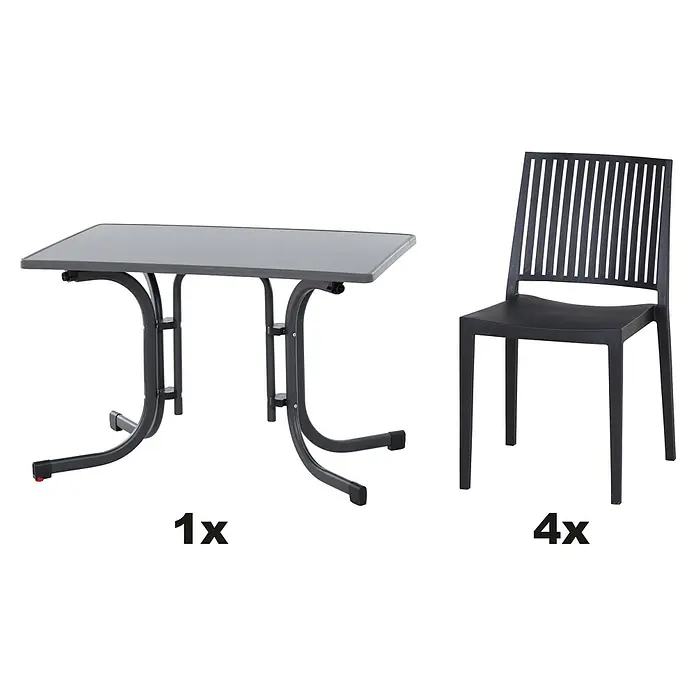 Siena Garden Urban Lights Gartenmöbel-Set Lane Stuhl/Paco Tisch - 5 -tlg., Polypropylen, Anthrazit - Ein graues Gartentisch- und Stuhlset, bestehend aus einem Tisch und vier Stühlen, ideal für den Außenbereich.