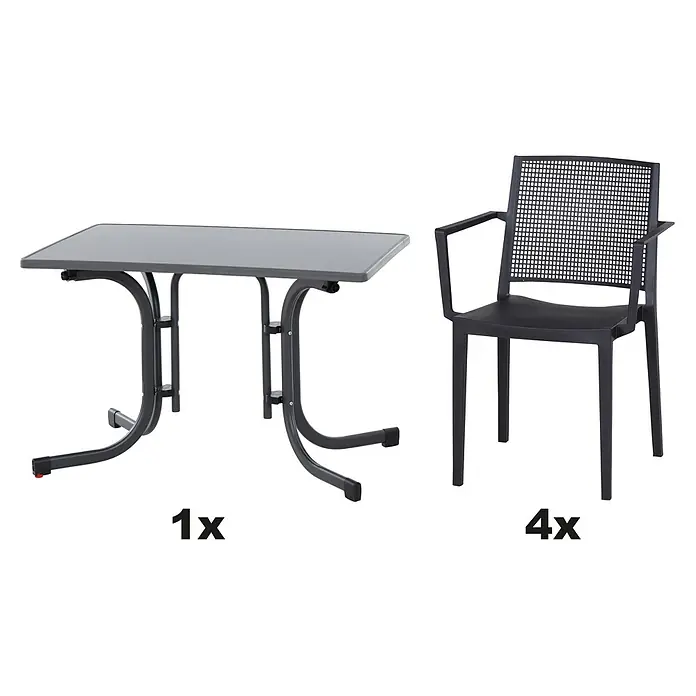 Siena Garden Urban Lights Gartenmöbel-Set Square Sessel/Paco Tisch - 5 -tlg., Polypropylen, Melamin, Anthrazit - Produktabbildung eines Gartentisches und vier Gartenstühle. Das Set ist ideal für den Außenbereich und bietet Platz für Familie und Freunde.