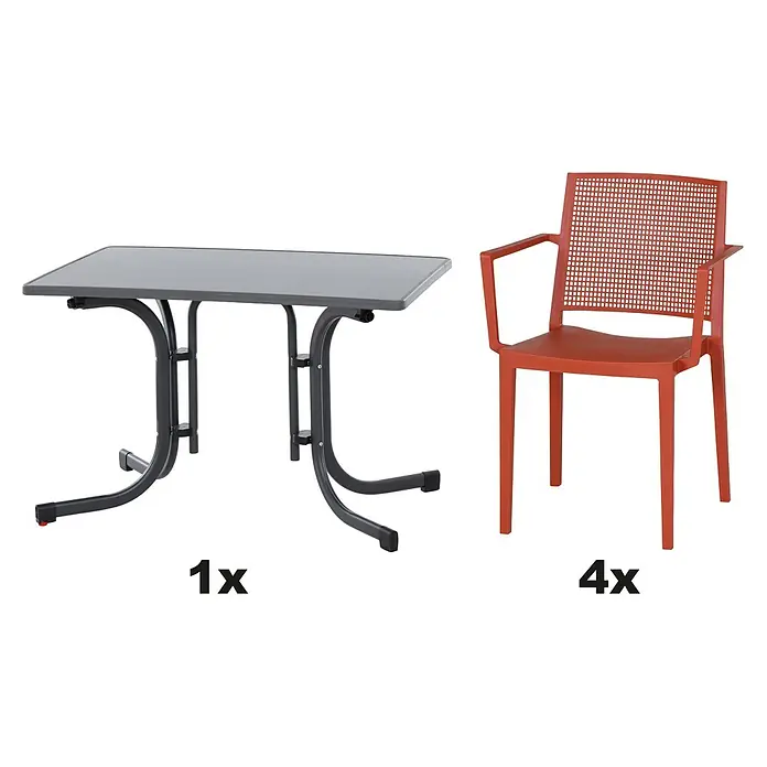 Siena Garden Urban Lights Gartenmöbel-Set Square Sessel/Paco Tisch - 5 -tlg., Polypropylen, Melamin, Brick/Anthrazit - Bild eines Gartensets, bestehend aus einem grauen Tisch und vier orangefarbenen Stühlen mit Armlehnen.