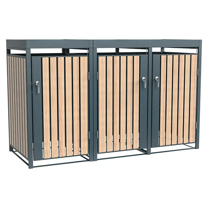 Westmann Mülltonnenbox Planta - Stahl, Anthrazit/Braun, Geeignet für Anzahl Mülltonnen: 3 Stk. - Eine dreifache Mülltonnenbox mit vertikalen Holzlatten und grauen Metallrahmen, ideal zur stilvollen Aufbewahrung im Außenbereich.