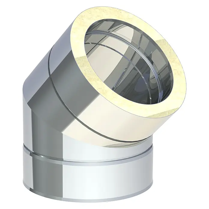Ofenrohrbogen - Durchmesser: 150 mm, 45 °, Silber, Wandstärke: 0,5 mm - Abgewinkeltes isoliertes Rohrknie aus Metall mit glänzender Außenschale und dicker gelber Isolierschicht innen.