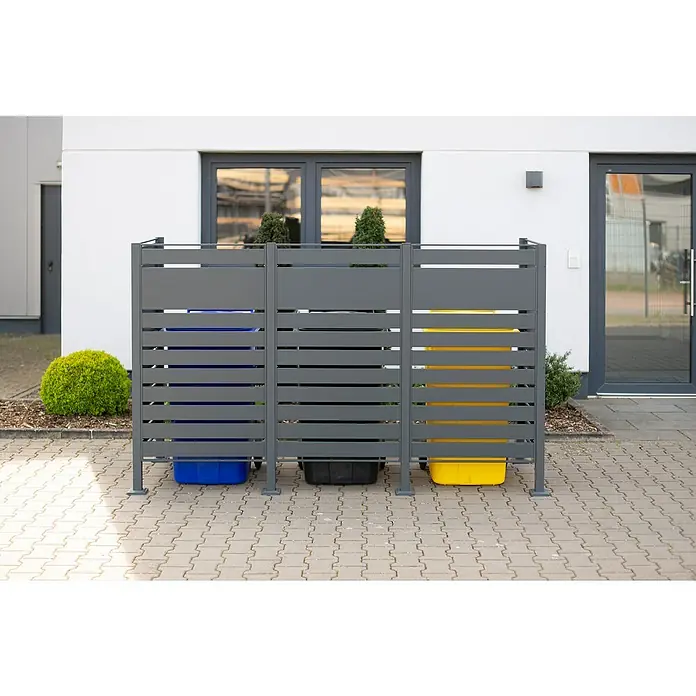 Westmann Mülltonnenbox Verkleidung Planum - 90 x 250 x 150 cm, Anthrazit - Dreifache Mülltonnenbox aus grauem Metall zur stilvollen Aufbewahrung von Mülltonnen im Außenbereich.